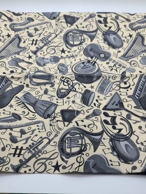Music Notes & Instruments Cotton Fabric Panel - Black on Cream